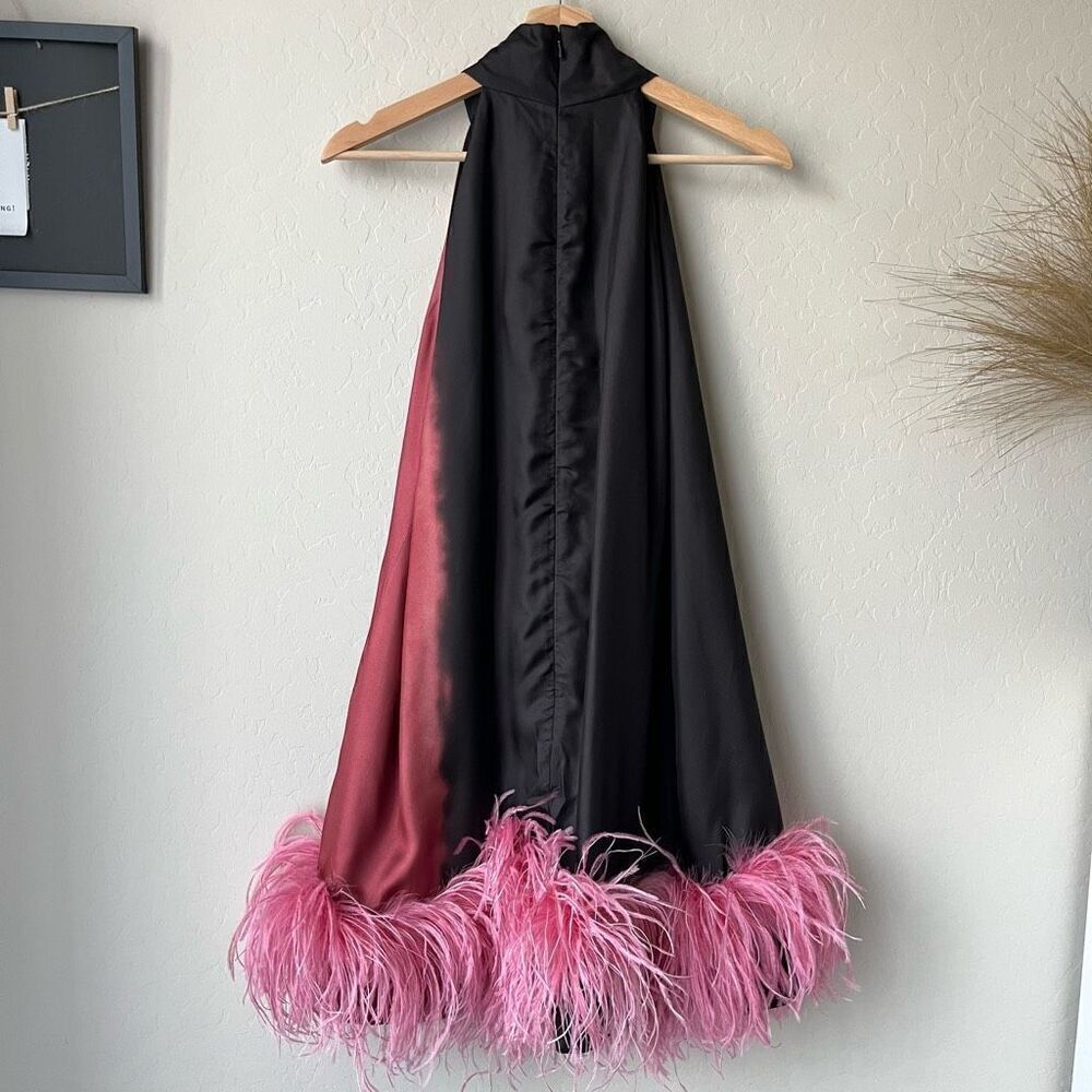 Satin Halter Feather Hem Mini Dress - Black & Rose Pink - Picture 8 of 11